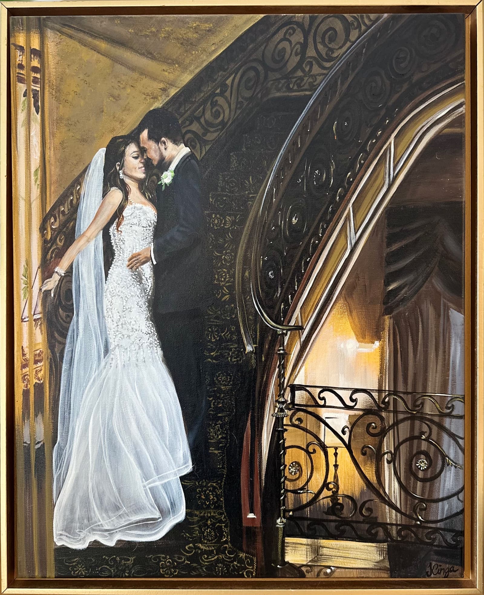 Framed live wedding painting — an heirloom oil canvas of a Madison couple's wedding day